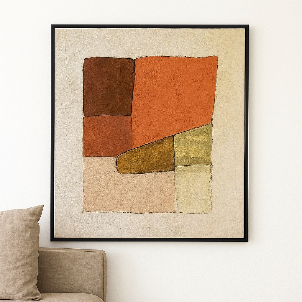 Abstract textured painting 100x120 cm with earthy tones and luxury wooden frame.
