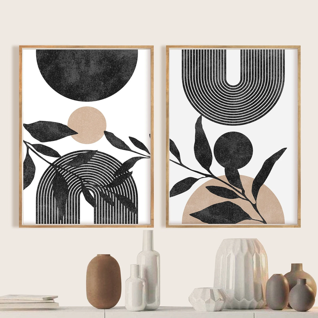 Neutral Abstract Archway Wall Art - Sun & Leaves Minimalist Print set