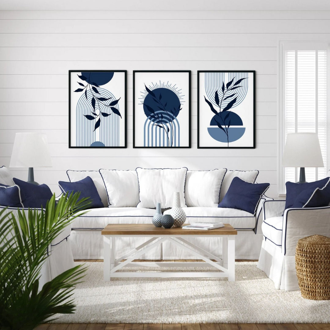 Modern Blue Elegance – Boho Leaf & Arch Art Prints