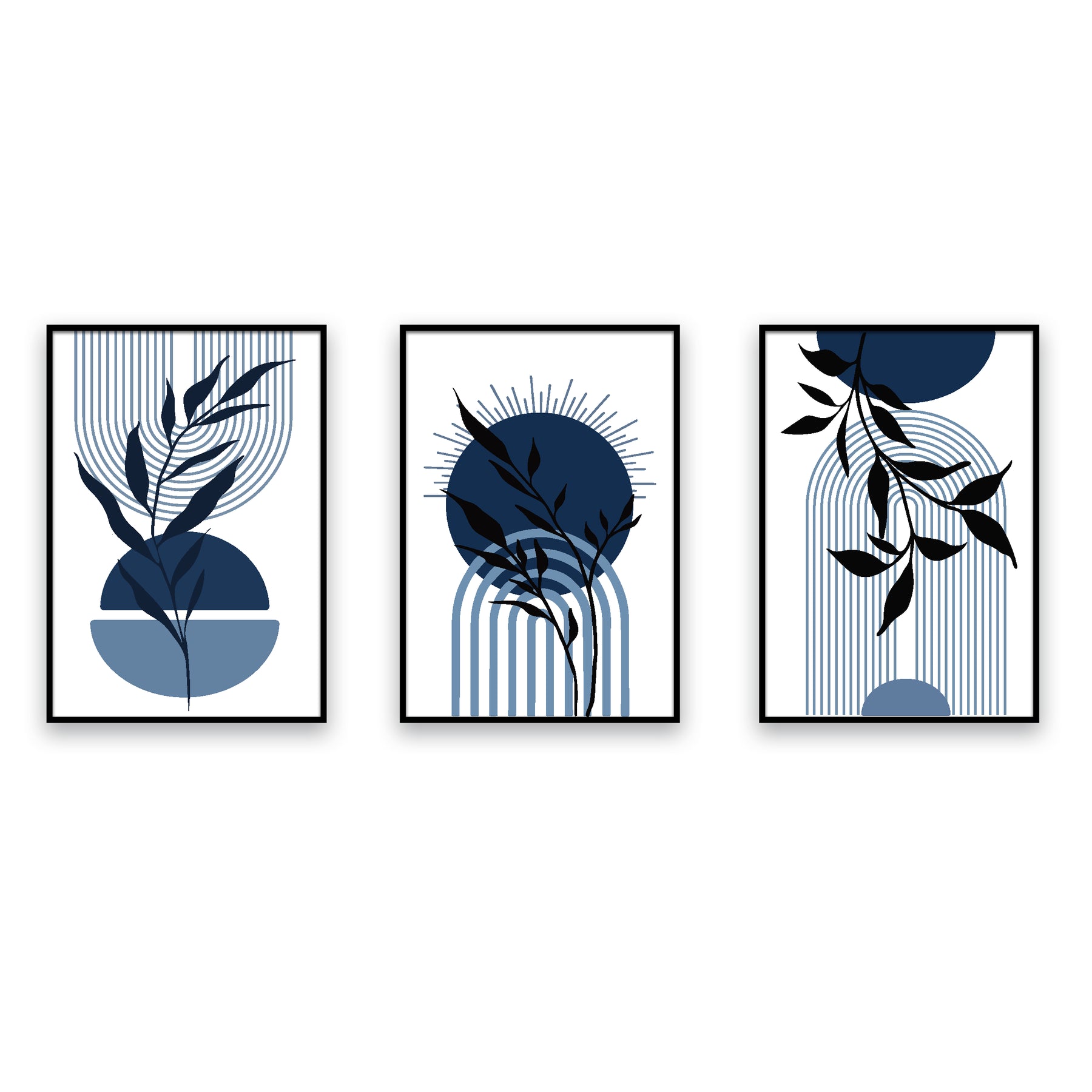 Modern Blue Elegance – Boho Leaf & Arch Art Prints