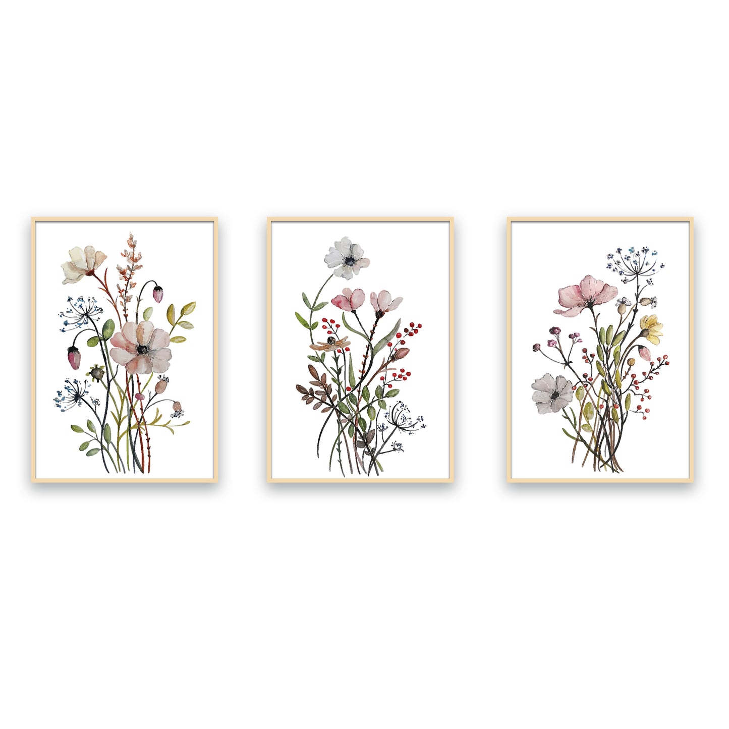 Soft Botanical Garden – Delicate Flower Art Trio