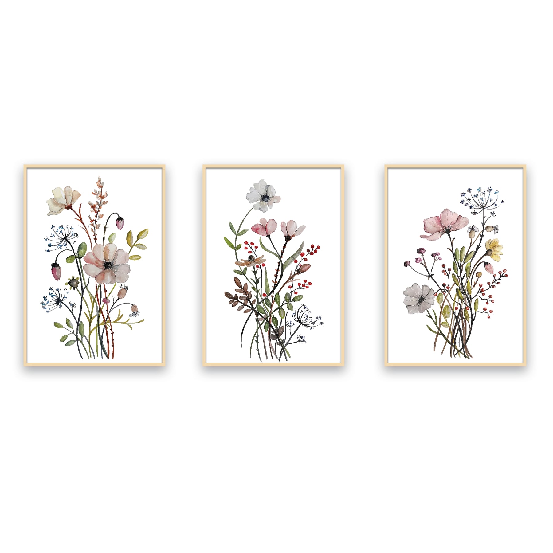 Soft Botanical Garden – Delicate Flower Art Trio