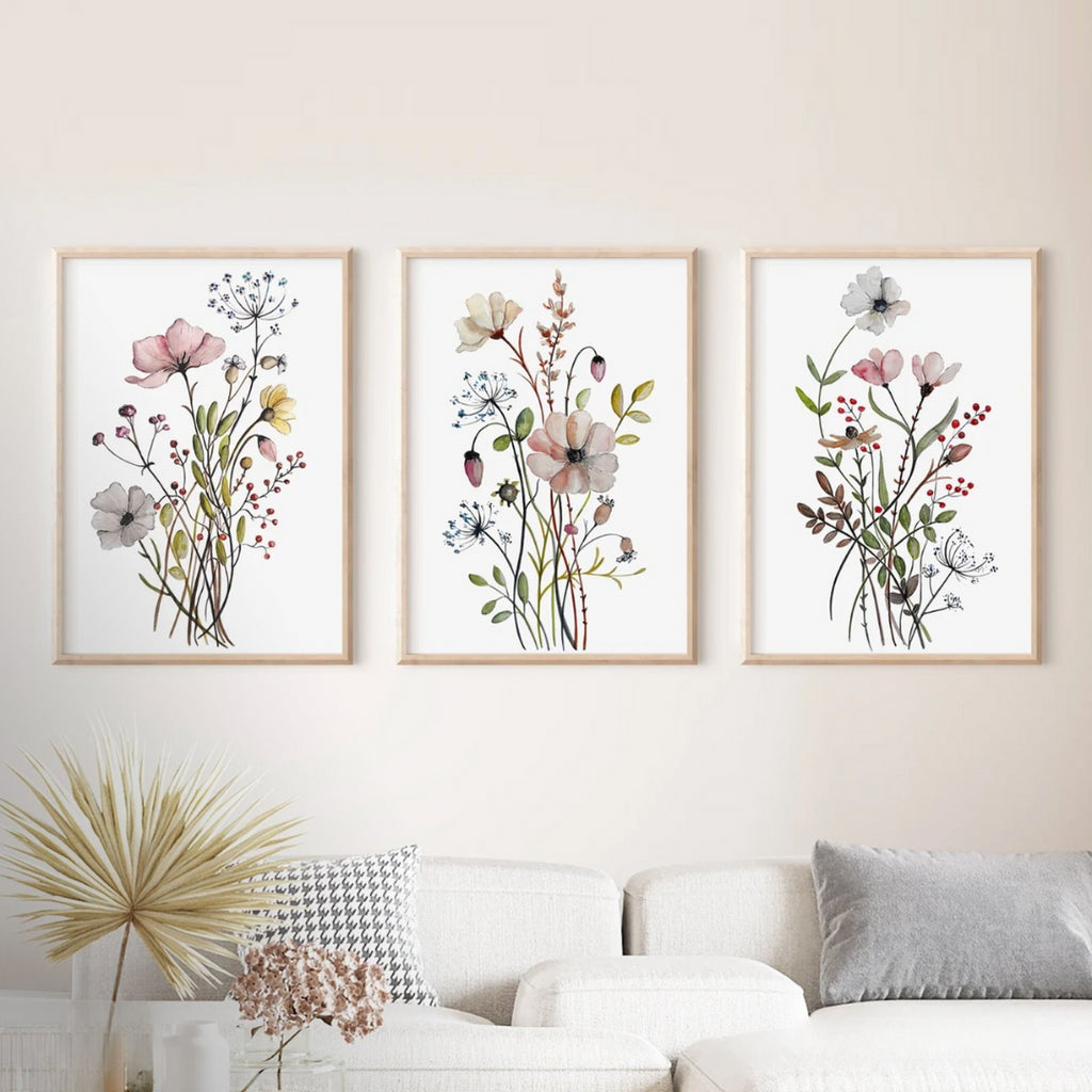 Soft Botanical Garden – Delicate Flower Art Trio