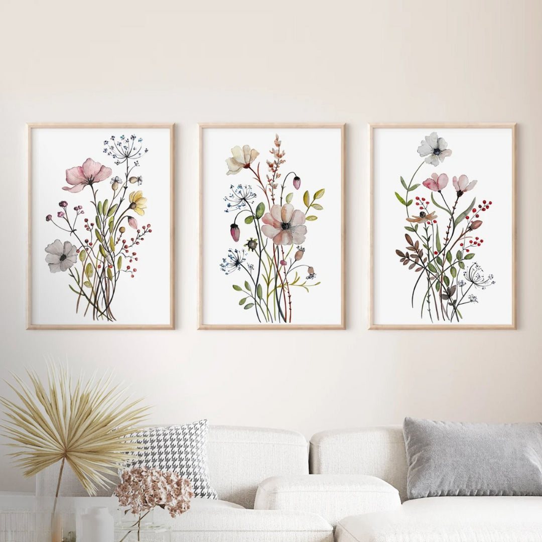 Soft Botanical Garden – Delicate Flower Art Trio