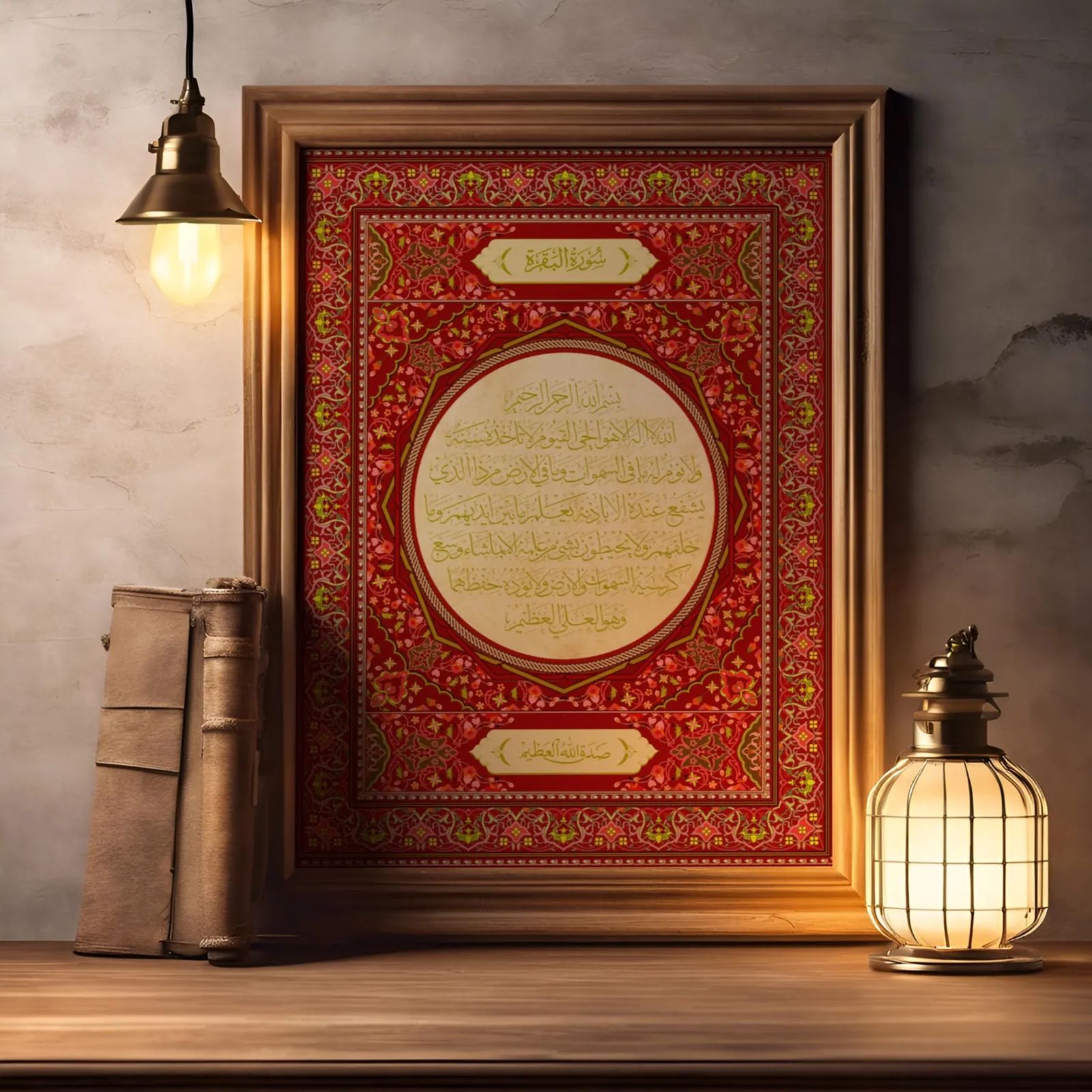 ‘Ayat Al-Kursi‘ Islamic Calligraphy – Luxurious Red & Gold Wall Art