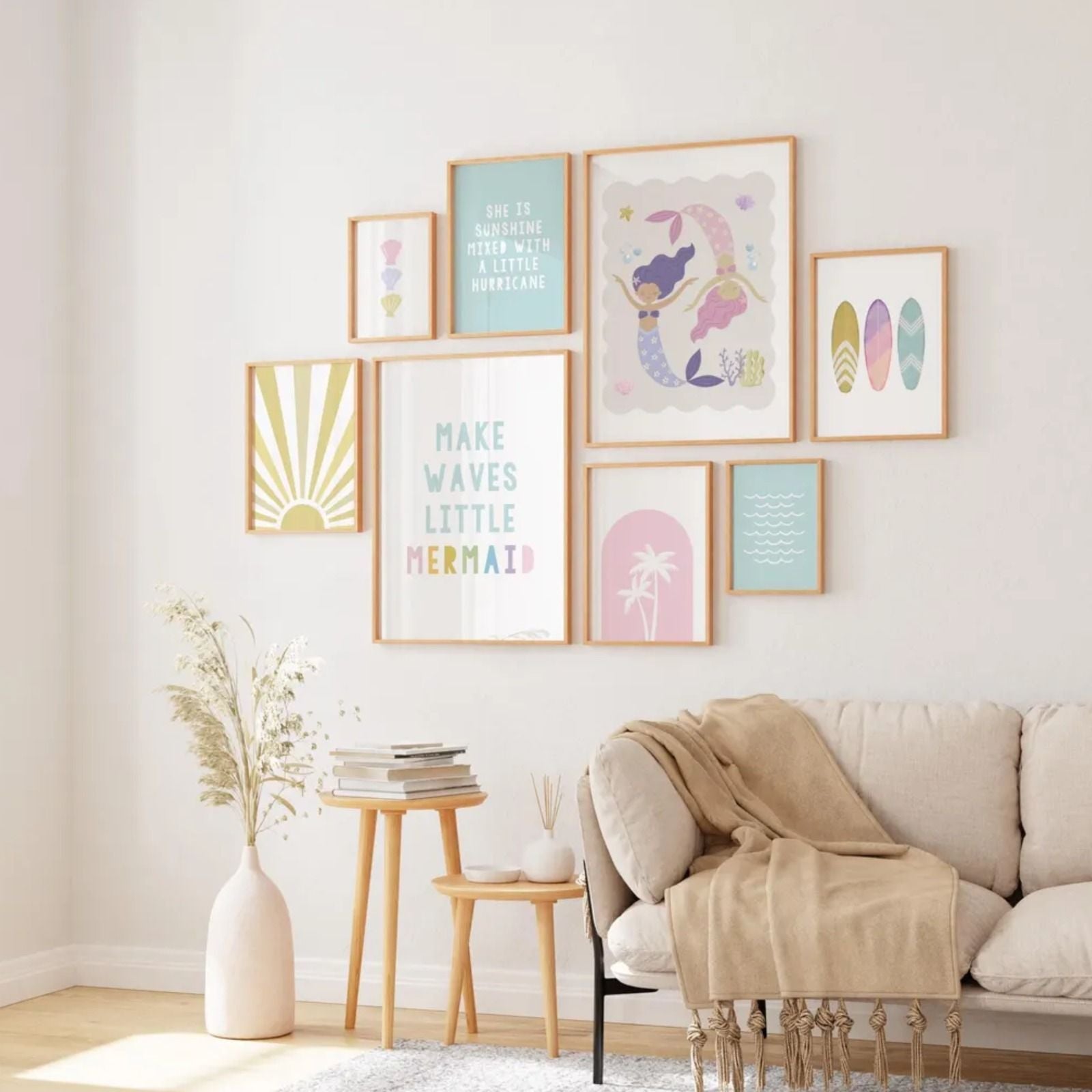 Little Mermaid Pastel Wall Art Set – Ocean & Sunshine Theme for Kids Room | Set of 8 Prints