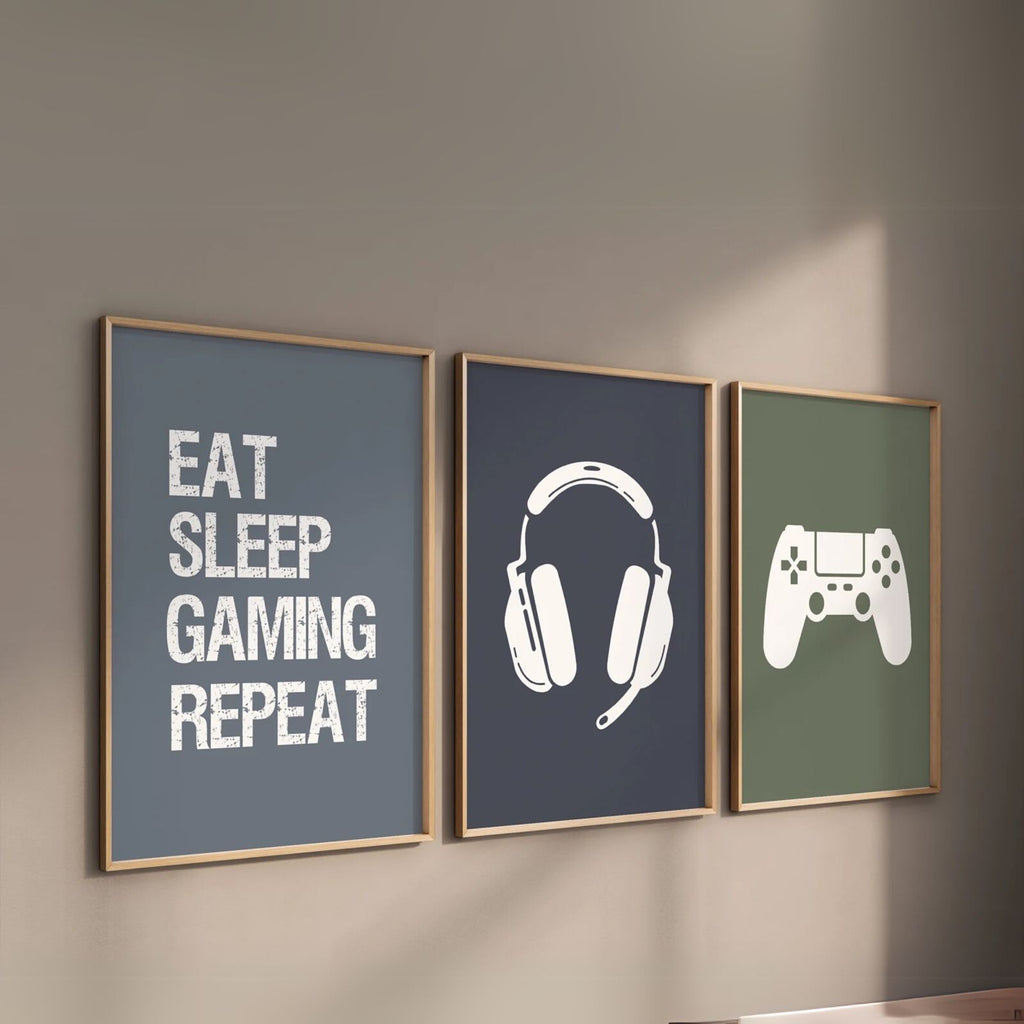 Eat Sleep Game Repeat – Modern Gaming Wall Art Set for Teen Room