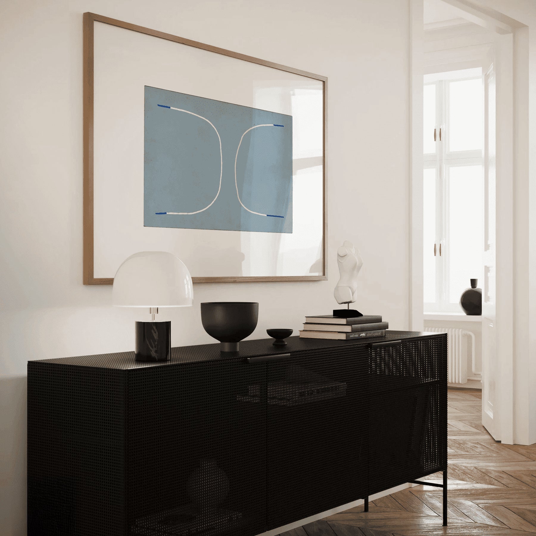 Abstract Line Art on Blue – Minimalist Framed Wall Print